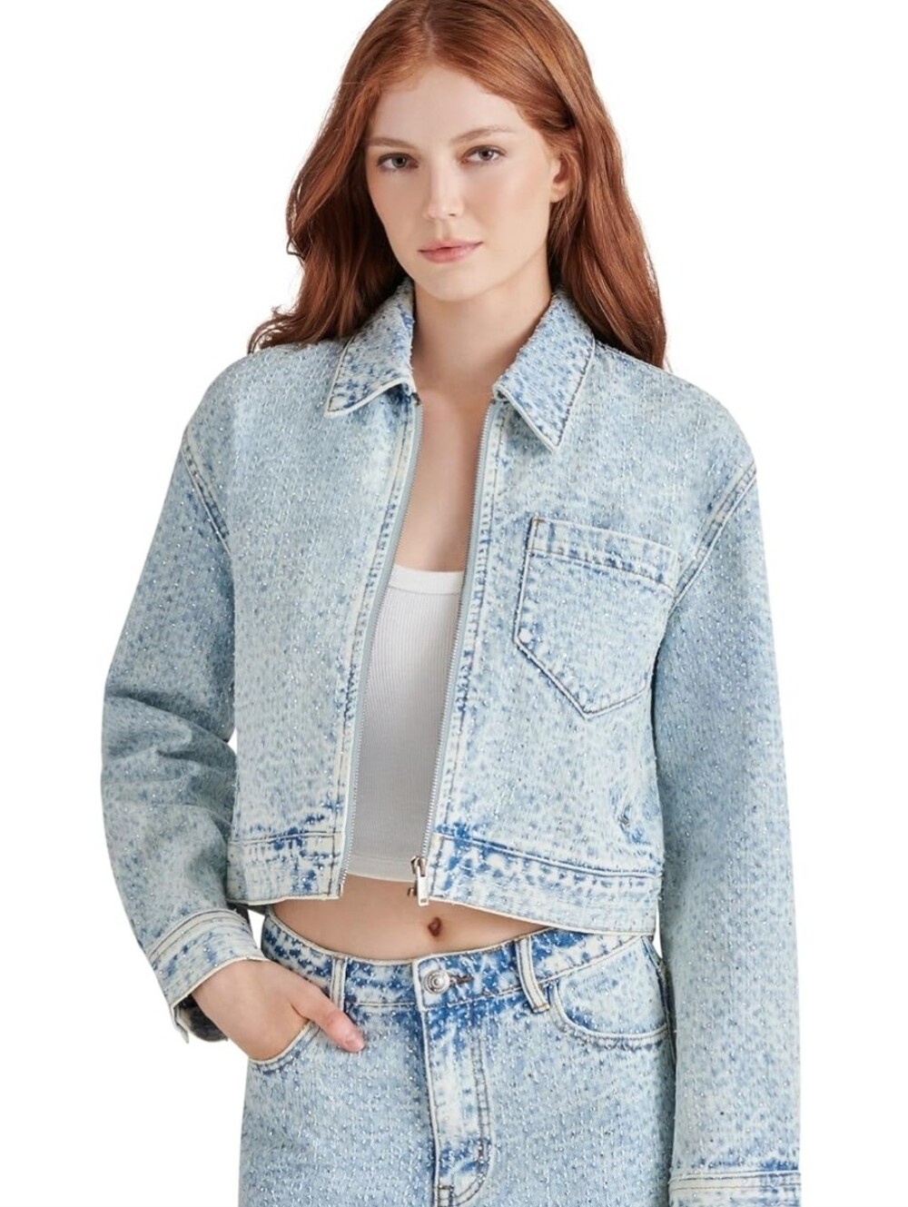 Steve Madden - Light Wash Denim Jacket in Light Blue and Crystals